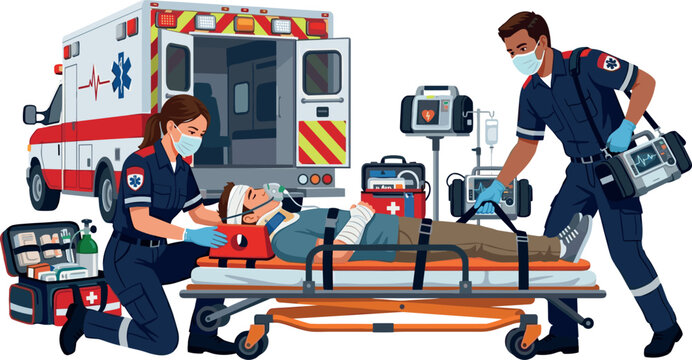 Emergency paramedics treating injured patient on stretcher with ambulance vehicle medical equipment rescue team vector illustration background