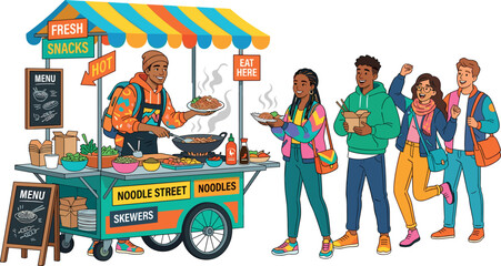  Happy friends buying hot asian noodles from street food kiosk cart vendor with menu board vector illustration © ISMOTARA