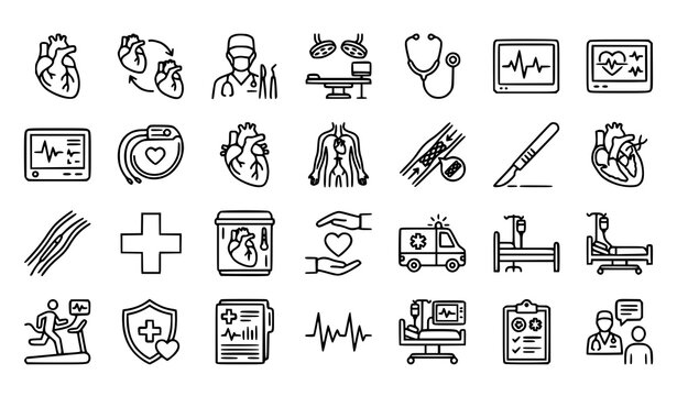 Heart Surgery Thin Line Icons Set Medical Cardiology and Cardiac Procedure Editable Stroke Vector Collection