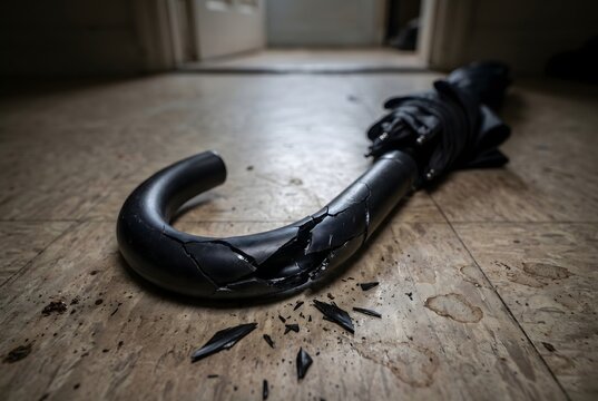 Close-up of violently shattered umbrella plastic handle on entrance floor