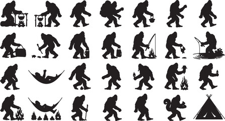 Obraz premium Bigfoot Creatures Camping and Hiking Silhouettes Vector Icon Set