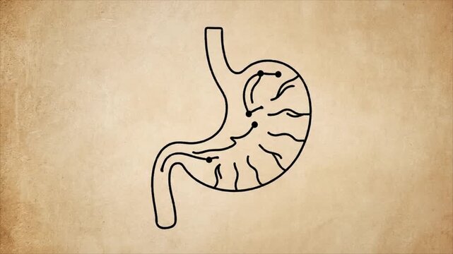 Anatomical illustration of a human stomach with digestive system on parchment