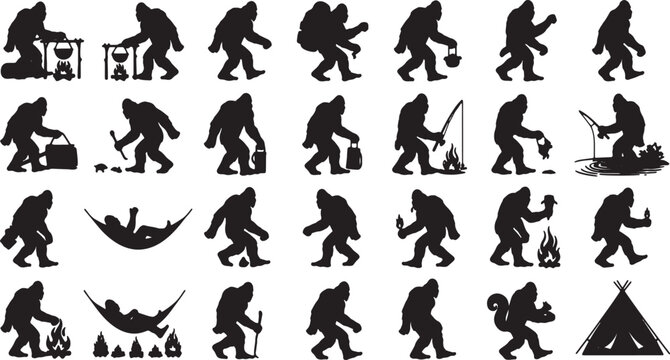 Bigfoot Creatures Camping and Hiking Silhouettes Vector Icon Set
