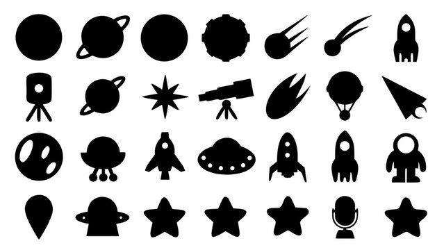 Black silhouette space icons on including planets, stars, rockets, and ufos