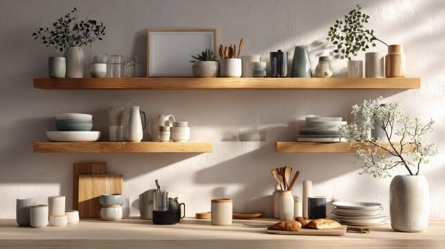 Interior kitchen organization featuring natural wood shelving displaying ceramic dishware and decorative greenery.