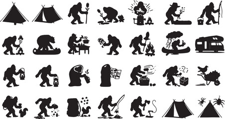 Fototapeta premium Bigfoot Creatures Camping and Cooking Disaster Silhouette Vector Icon Set
