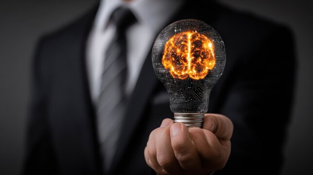 Businessman holding a glowing technological lightbulb containing a representation of the human mind
