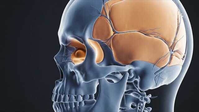 Anatomical illustration of a human skull with visible brain and skeleton structure from a side view