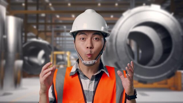 Close Up Of Asian Male Engineer With Safety Helmet Smiling To Camera And Saying Wow While Standing at Heavy Factory with Large Turbine Components