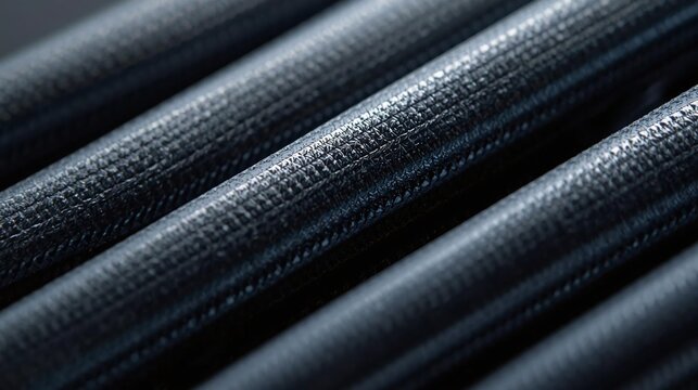Close-up abstract texture of parallel dark gray ribbed tubes, industrial background
