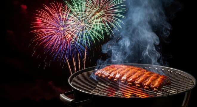 Savory ribs sizzle on a smoky charcoal grill in a backyard setting while vibrant fireworks explode across the dark night sky above blankets, event, lawn, barbecue