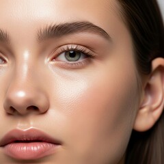Fototapeta premium Close up view of luminous face with smooth complexion and radiant glow. Minimalist aesthetic focusing on dewy texture and natural elegance, beauty, calm, reflection