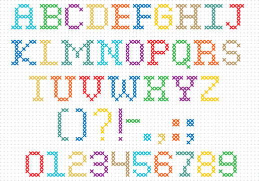 Cross stitch style alphabet letters in yellow, red, green, blue, and white on a white background