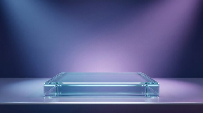 A glass transparent podium in rectangle shape for product advertising stage background platform or empty luxury pedestal exhibition scene. Gradient background