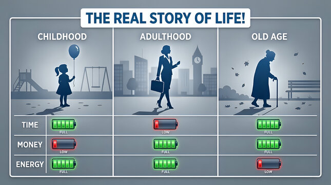 Stages of life infographic comparing time money and energy levels during childhood adulthood and old age