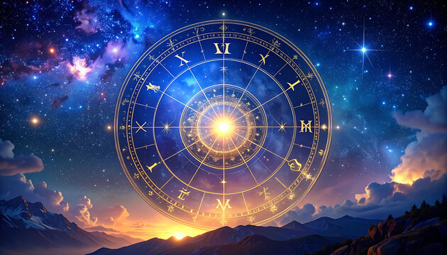 Ornate glowing celestial sphere with astrological symbols hovering over a majestic mountain landscape at sunrise, cosmic energy, destiny concept