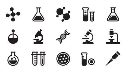 Science laboratory research icons set with microscope dna molecule and chemical glassware. © VANU