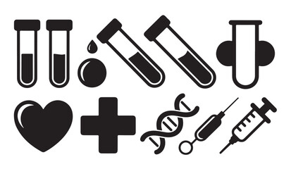 Healthcare and medical icons featuring test tubes dna structure heart symbol and syringes. © VANU