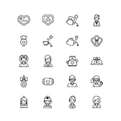 Fototapeta premium Set of Medical Icons: Nurse, Doctor, Heart, Teapot, Award, Gift - Outline Style
