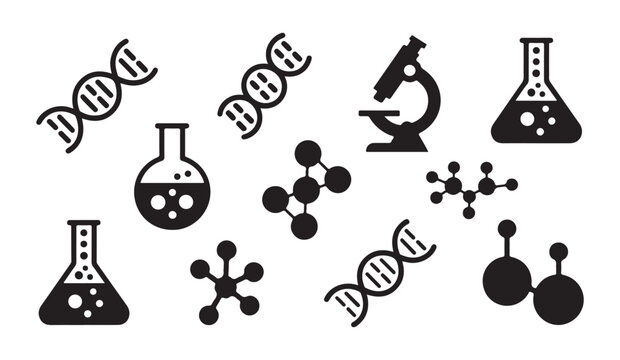 Collection of science icons representing research laboratory medical biology chemistry and physics concepts.