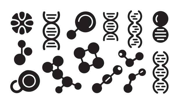 Biological and genetic icon set featuring DNA structures molecules and chemical shapes.