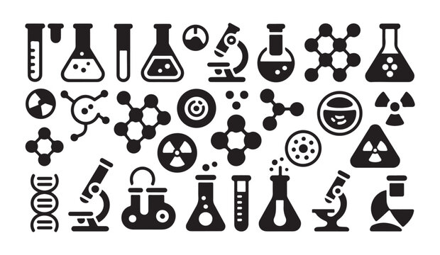 Set of laboratory equipment icons including chemical flasks test tubes and microscopes.