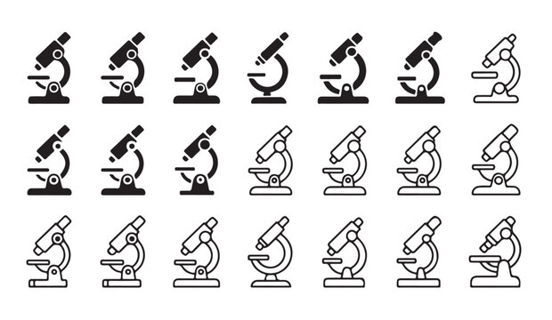 Collection of various microscope icons in different styles for research and laboratory.