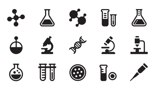Science laboratory research icons set with microscope dna molecule and chemical glassware.