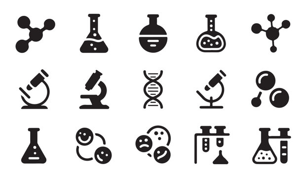 Biohazard and medical research symbols including microscope molecule and emotional spheres.