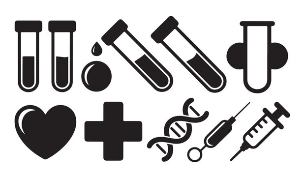 Healthcare and medical icons featuring test tubes dna structure heart symbol and syringes.