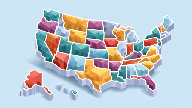 Colorful Map of the United States with State Borders.