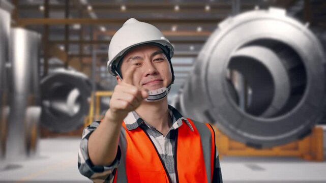 Close Up Of Asian Male Engineer With Safety Helmet Smiling And Touching His Chest Then Pointing At You While Standing at Heavy Factory with Large Turbine Components