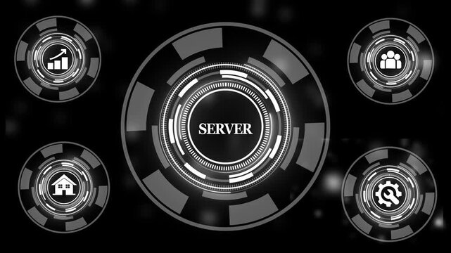 Advanced digital server interface featuring animated hud futuristic data processing cybernetic network connectivity, high-tech system monitoring, and abstract glowing particle backgrounds