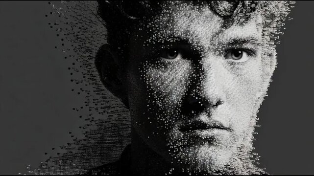 Young man face disintegrating into digital noise in sci-fi style