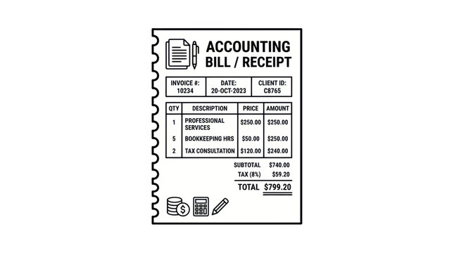 Accounting Bill Receipt Document with Invoice Details and Calculator Icon