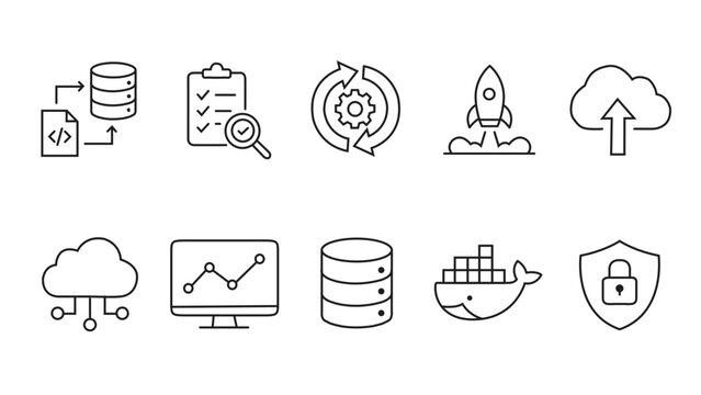 DevOps Pipeline and Cloud Infrastructure Outline Icons, Docker, Database, Monitoring and Security Vector Set
