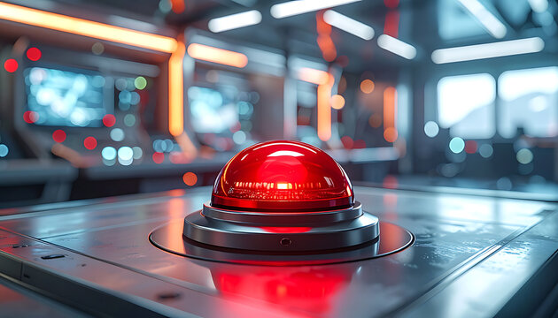 Oversized glossy red emergency stop button glowing ominously on a metallic control panel, sci-fi control room setting