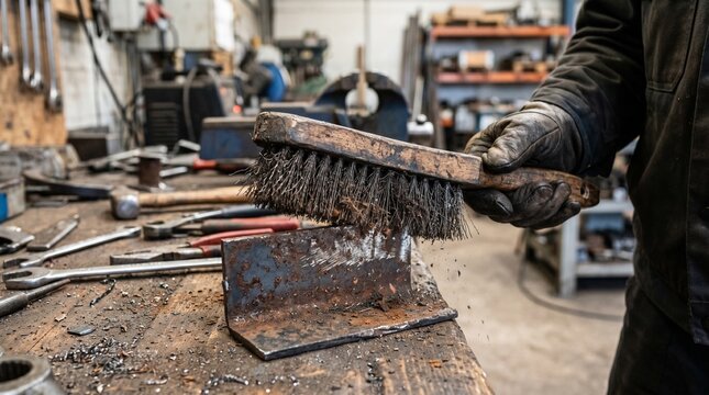 A person cleaning a rusty metal plate with a brush in a cluttered workshop interior scene.
