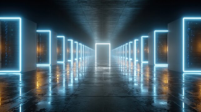 futuristic corridor with glowing neon frames