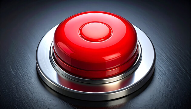 Large red push button, symbol of activation, emergency stop, or choice, on a textured dark surface