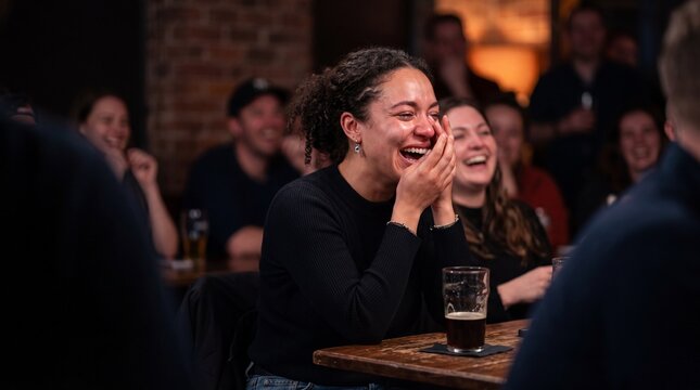 Woman laughing at comedy show with audience