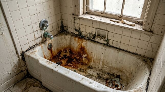 An old, dirty bathtub sits in a grimy bathroom with rusty stains and moldy tiles around it and a window.