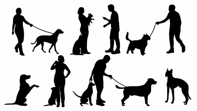 Silhouettes of people walking and interacting with their dogs