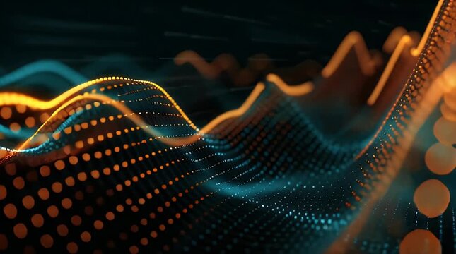 Flowing digital wave of orange and teal dots on a dark background