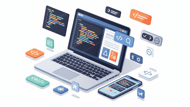 Laptop with Coding and Mobile Apps Display.