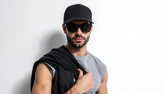 Man in black baseball cap and sunglasses, grey t-shirt, with black jacket draped over shoulder, studio shot against white wall