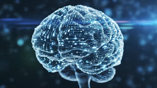 A futuristic illustration of a human brain with glowing blue circuits and neurons in a dark space environment viewed from a side angle.