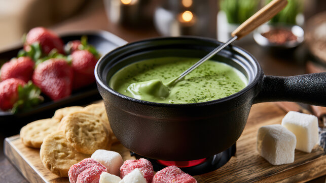 vibrant matcha fondue pot with fresh ingredients and dipping options