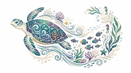 Fototapeta premium Colorful sea turtle swimming ocean waves.