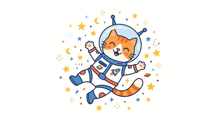 Naklejka premium Cartoon cat in space suit flying.